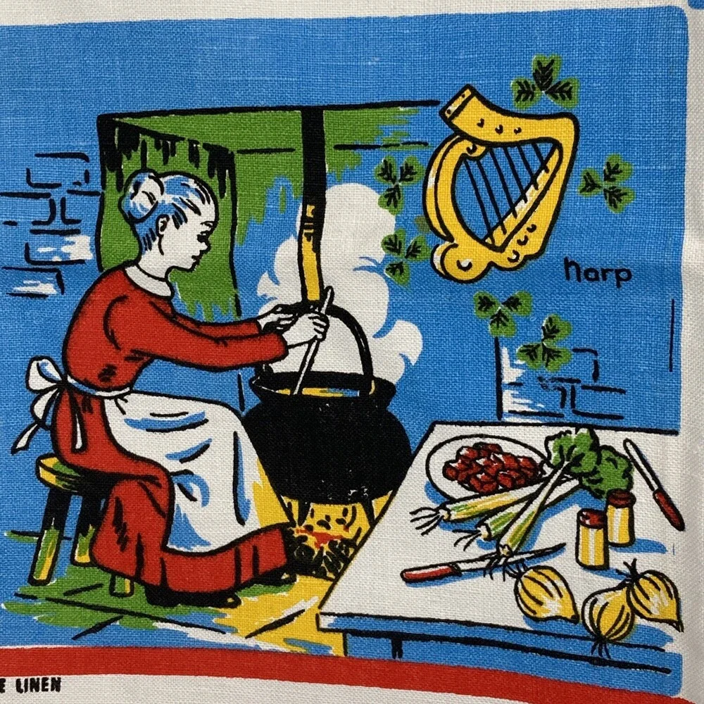VTG 100% Linen Irish Tea Towel - Coffee Recipes & Elf Soda Bread Design